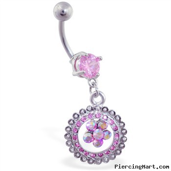 Navel ring with dangling pink jeweled circle with flower