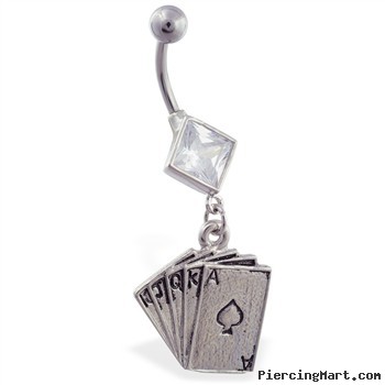 Jeweled diamond shaped belly ring with dangling poker cards