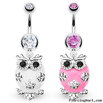 Jeweled belly ring dangling white owl