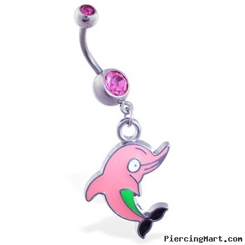 Belly ring with dangling pink cartoon dolphin