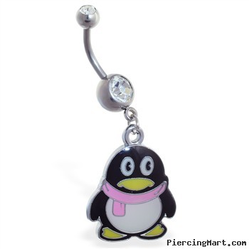 Navel ring with dangling cartoon penguin