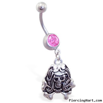 Pink Jeweled Belly Ring with Dangling Girly Skull And Crossbones