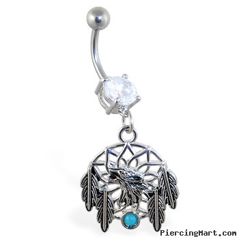 Navel ring with dangling dream catcher and feathers