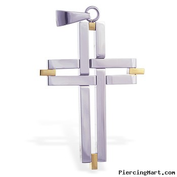 Stainless steel cross pendant with gold colored accents