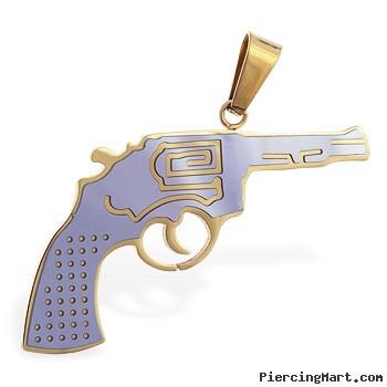 Stainless steel hand gun pendant with gold colored accents