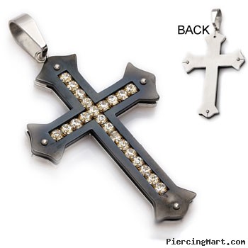 Large stainless steel black colored cross pendant with CZs