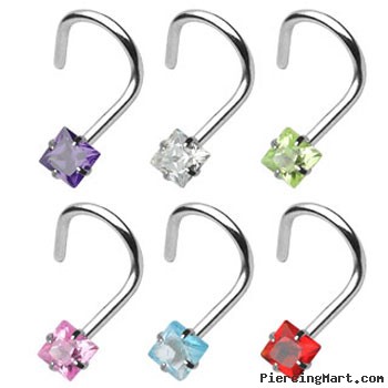 Stainless steel nose screw with 3mm square gem, 20 ga