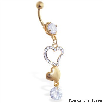 Gold Tone belly ring with dangling hearts and gem