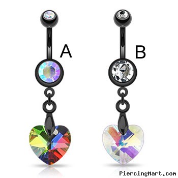 Black navel ring with dangling rainbow prism heart