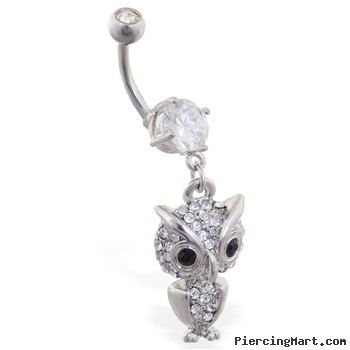 Navel Ring With Dangling Jeweled Owl