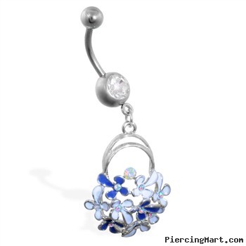 Navel ring with multi jeweled flower dangle