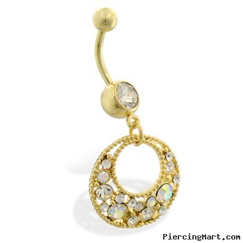 Gold Tone belly ring with dangling jeweled circle