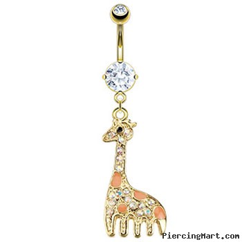 Gold Tone belly ring with dangling jeweled giraffe