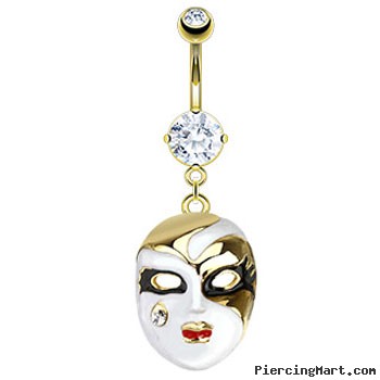 Gold Tone Belly Ring with Dangling Opera Mask