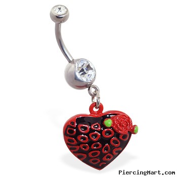 Jeweled belly ring with dangling leopard print heart with rose