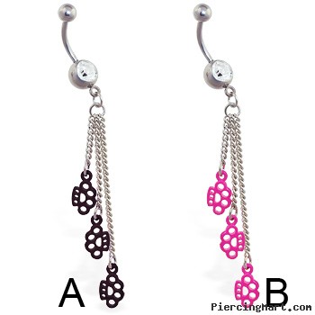 Jeweled navel ring with dangling mini brass knuckles on chains