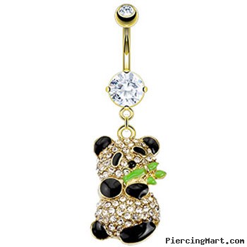 Gold Tone Belly Ring with Dangling Panda Bear