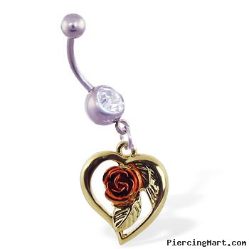 Navel ring with dangling yellow heart with pink rose