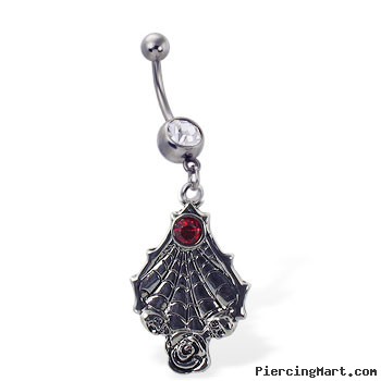 Navel Ring with Dangling Spider Web And Gem