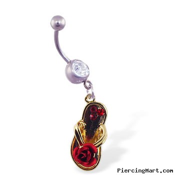 Navel ring with dangling flipflop with rose and gems