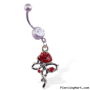 Navel ring with dangling rose with thorny stem
