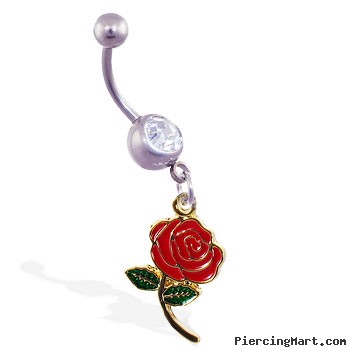 Navel ring with dangling colored rose