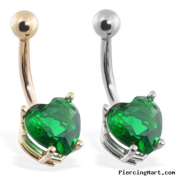 14K Gold belly ring with emerald 8mm CZ heart