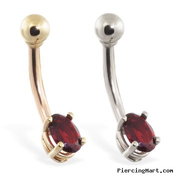 14K Gold belly ring with small dark red oval CZ