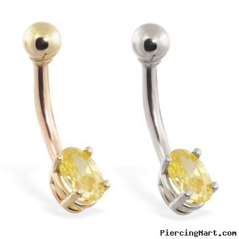 14K Gold belly ring with small yellow oval CZ
