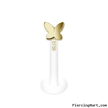 Bioplast labret stud with 14K gold butterfly top, 16 ga