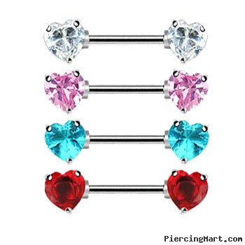 Pair Of Nipple Rings With Jeweled Heart Front-Facing Ends