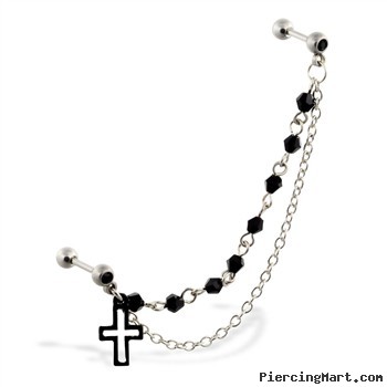 Double black jeweled straight barbells with dangling cross and connecting chains, 16 ga
