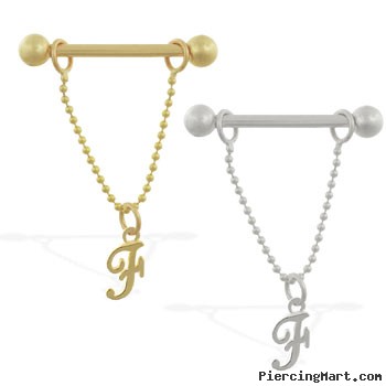 14K Gold nipple ring with dangling cursive initial F, 14 ga