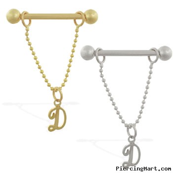 14K Gold nipple ring with dangling cursive initial D, 14 ga