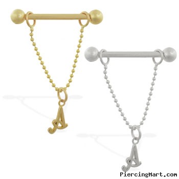 14K Gold nipple ring with dangling cursive initial A, 14 ga