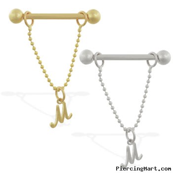 14K Gold nipple ring with dangling cursive initial M, 14 ga