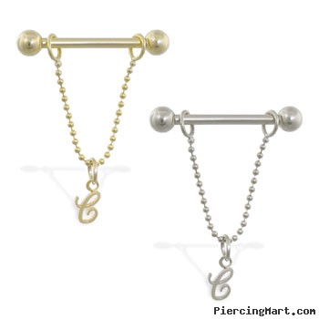 14K Gold nipple ring with dangling cursive initial C, 14 ga