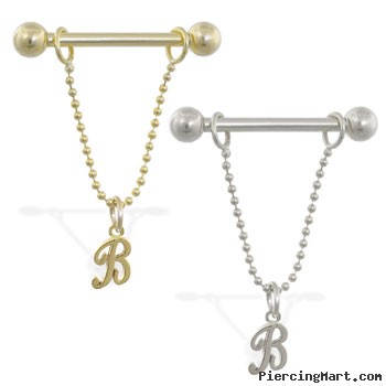 14K Gold nipple ring with dangling cursive initial B, 14 ga