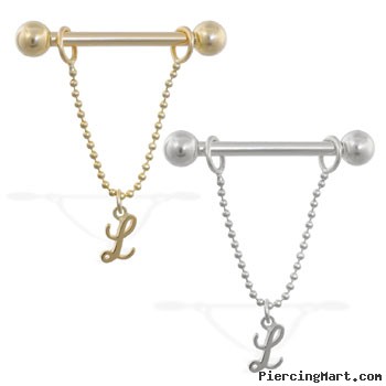 14K Gold nipple ring with dangling cursive initial L, 14 ga