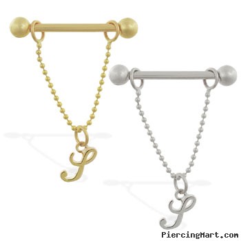 14K Gold gold nipple ring with dangling cursive initial S, 14 ga