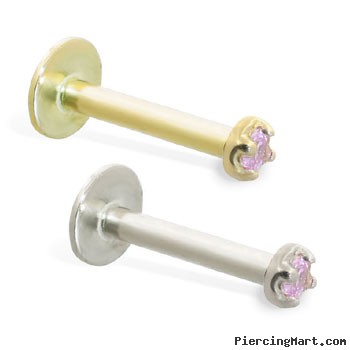14K Gold internally threaded labret with pink 1mm CZ