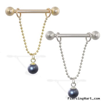 14K Gold Nipple Ring With Dangling Black Pearl On Chain, 14 Ga