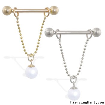14K Gold nipple ring with dangling white pearl on chain, 14 ga
