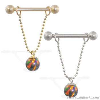 14K Gold nipple ring with dangling rainbow opal ball on chain, 14 ga