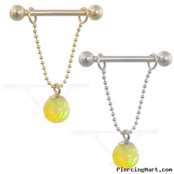 14K Gold nipple ring with dangling yellow opal ball on chain, 14 ga