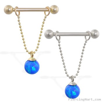 14K Gold nipple ring with dangling blue opal ball on chain, 14 ga