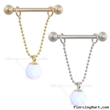 14K Gold nipple ring with dangling white opal ball on chain, 14 ga
