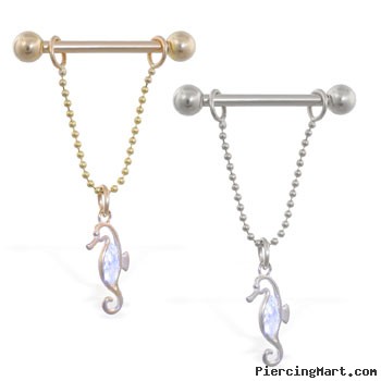 14K Gold nipple ring with dangling jeweled sea horse on chain, 14 ga