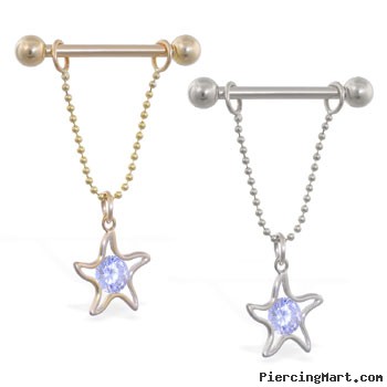 14K Gold nipple ring with dangling jeweled star on chain, 14 ga