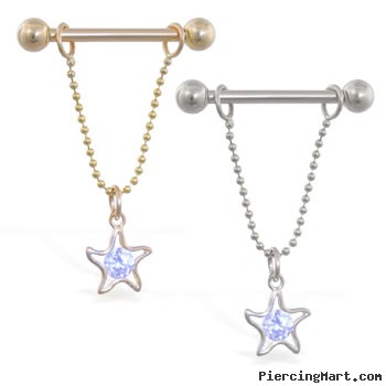 14K Gold nipple ring with dangling star on chain, 14 ga